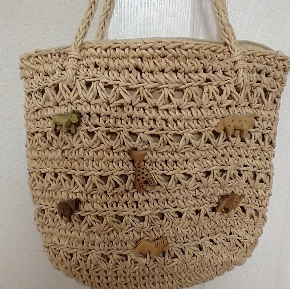Woven Straw Bag with Safari Animal Detail